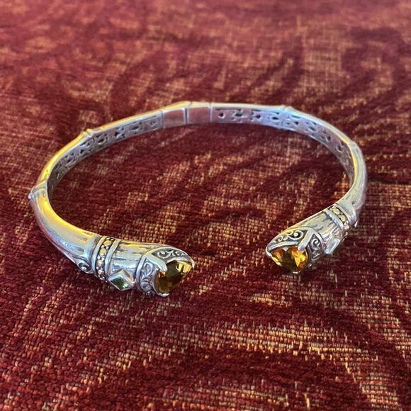 Vintage 18K & 925 Sterling Silver Citrine & Peridot Unisex Cuff Bracelet - Picture 4 of 11
